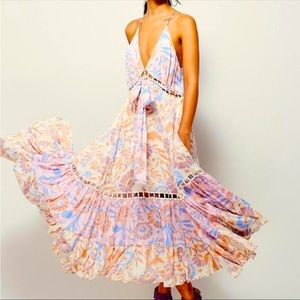 Free People Pages of Gold Pink Strappy Boho Peasant Cutout Maxi Dress L